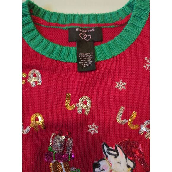 Llama Trees & Presents Holiday Sequin Sweater Girls Size S (7/8) It's Our Time - Picture 3 of 5